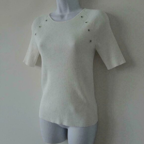New AKRIS White Round Neck Short Sleeve Cotton Knit Top Rib Eyelet Detail 8, 10 - Picture 2 of 7